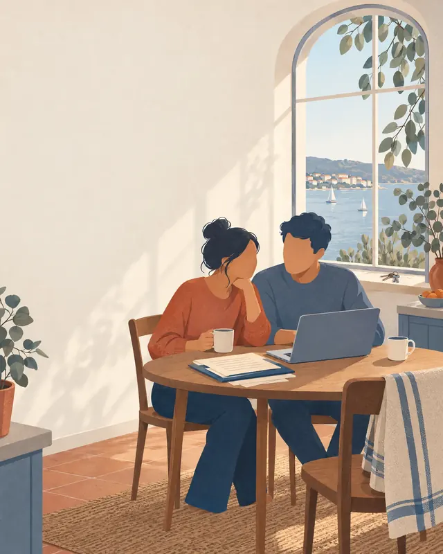Illustration of two people at a kitchen table under an arched window, with a laptop and a folder of papers