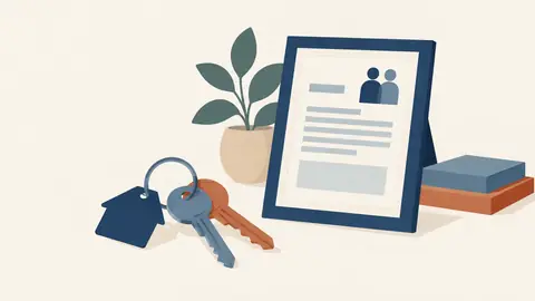 Illustration of a set of house keys on a ring beside a framed document