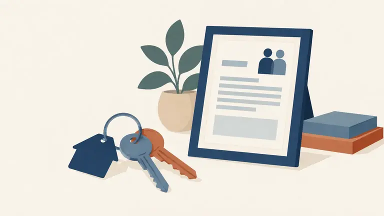 Illustration of a set of house keys on a ring beside a framed document