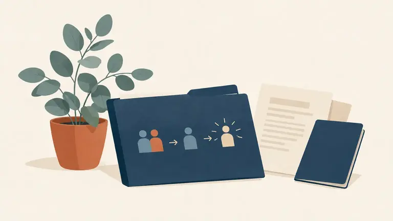 Illustration of a small potted eucalyptus beside a citizenship-style folder
