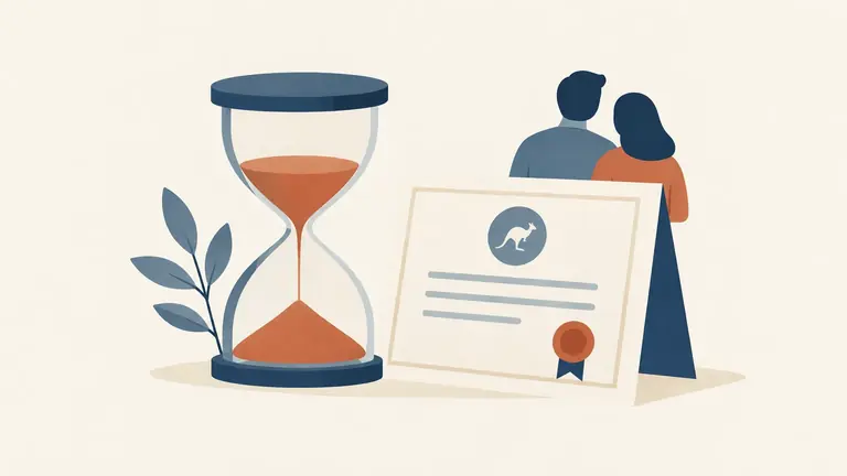 Illustration of an hourglass beside a permanent-looking certificate
