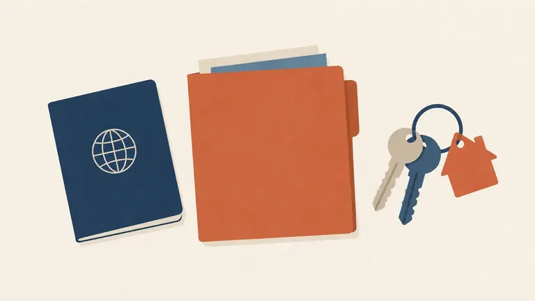Illustration of a passport, a folder and a set of house keys arranged in a row
