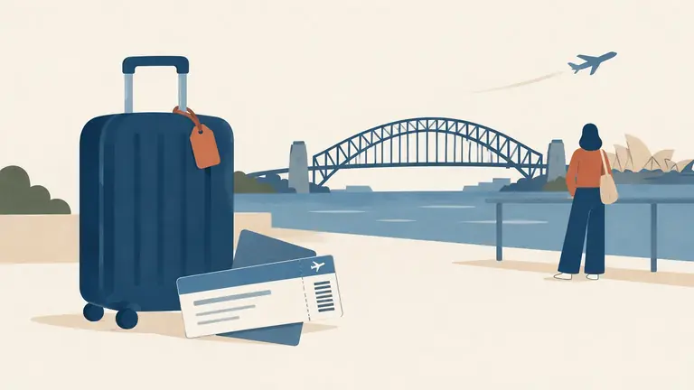 Illustration of a suitcase and a return ticket beside a bridge