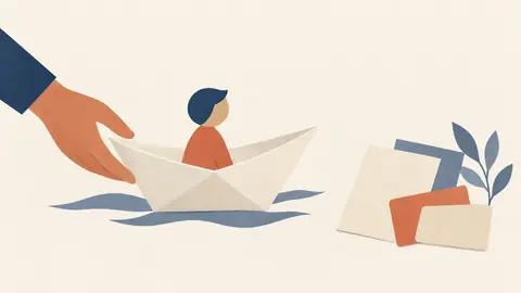Illustration of a paper boat and a small paper figure of a child