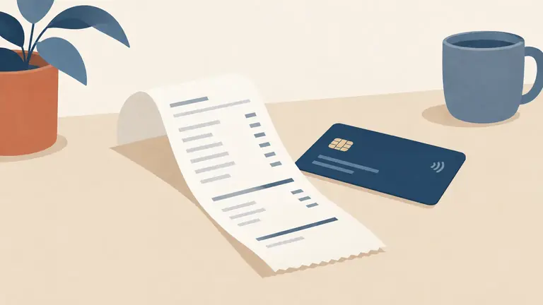 Illustration of an itemised receipt curling off a desk beside a bank card