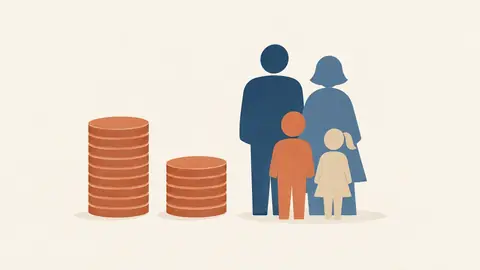 Illustration of two small coin stacks of different heights beside a family of paper figures