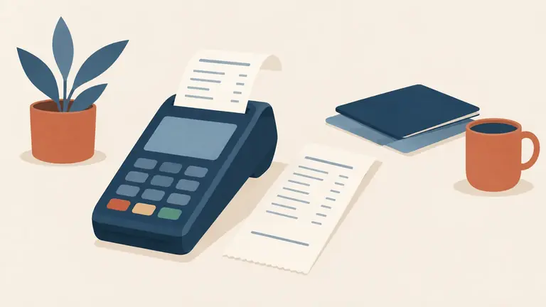 Illustration of a card terminal and a printed docket