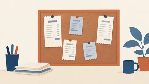 Illustration of several small receipts pinned to a board