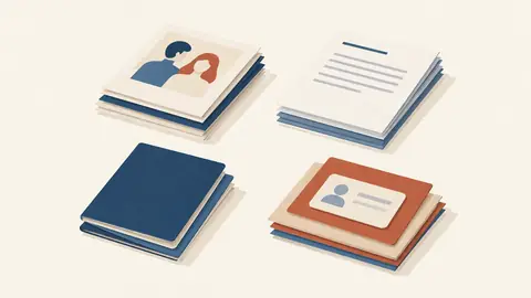 Illustration of four small stacks of paper arranged in a square, each stack different