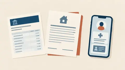 Illustration of a bank statement, a lease and a phone laid in a row