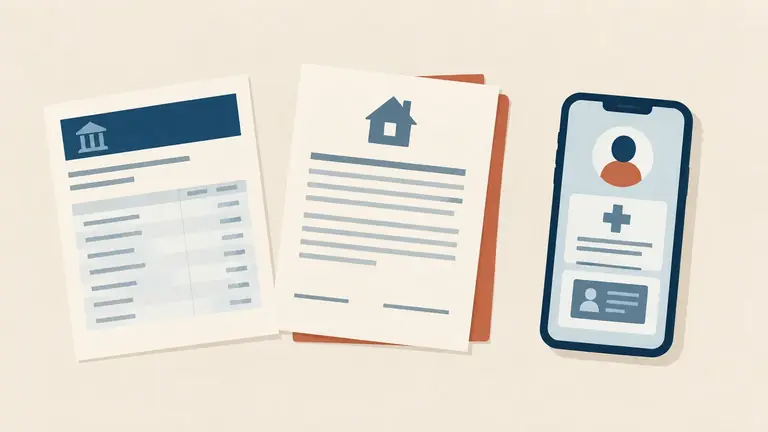 Illustration of a bank statement, a lease and a phone laid in a row