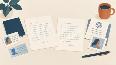 Illustration of two handwritten letters side by side on a desk