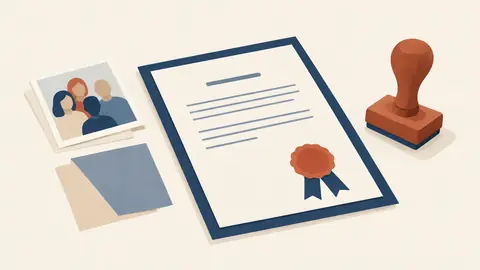 Illustration of a sealed certificate with a rubber stamp beside it
