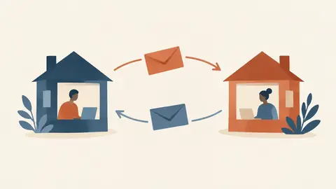 Illustration of two envelopes travelling in opposite directions between two small houses