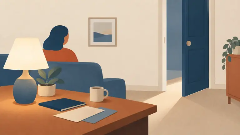 Illustration of a single lamp lit in a quiet room, door ajar