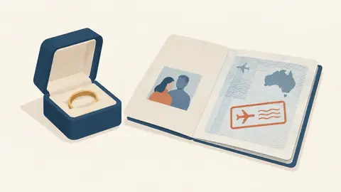 Illustration of a wedding band box next to a stamped visa page