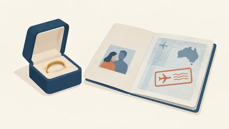 Illustration of a wedding band box next to a stamped visa page