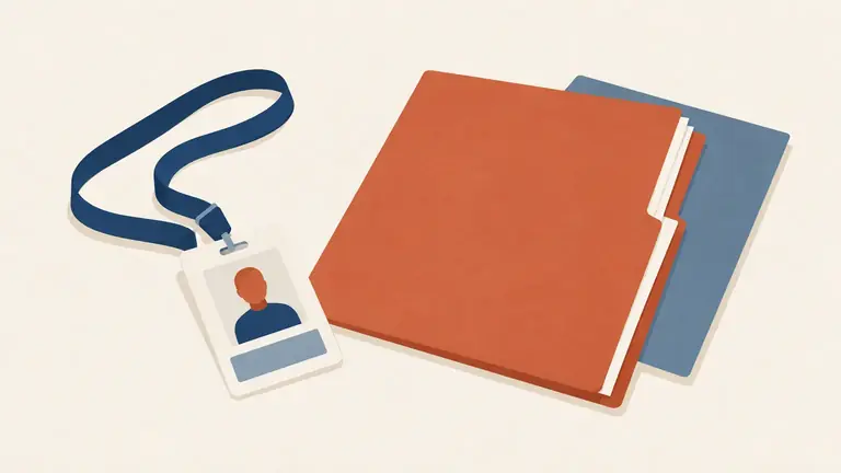 Illustration of a lanyard and employee card beside an application folder