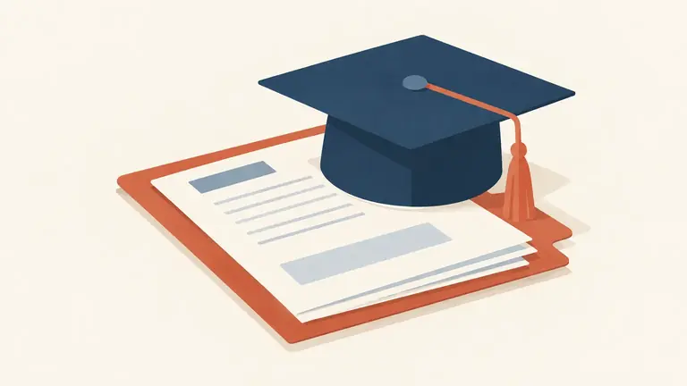 Illustration of a graduation cap resting on a folder of forms