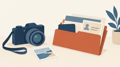 Illustration of a tourist camera and a folder of documents on a table