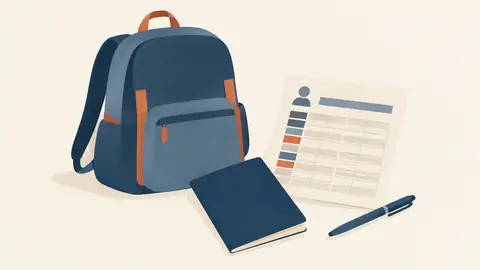 Illustration of a backpack and a work roster beside a passport