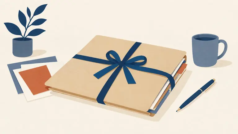 Illustration of a complete folder tied with a ribbon, ready to send