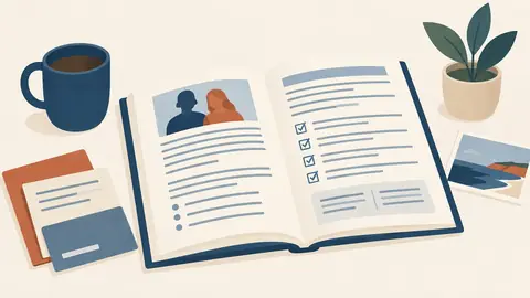 Illustration of an open book with language exercises abstracted as lines