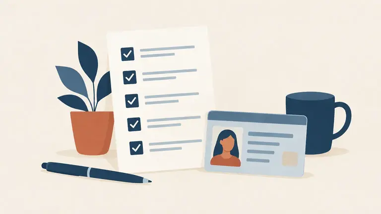 Illustration of a tall checklist with ticked boxes beside an identity card