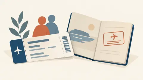 Illustration of a boarding pass and a stamped entry page