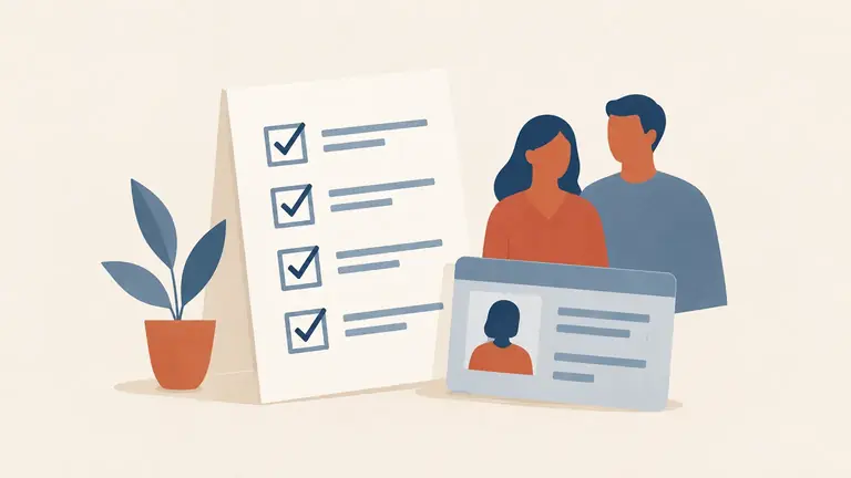 Illustration of a tall checklist with ticked boxes beside an identity card
