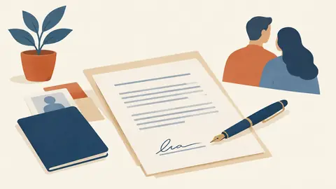 Illustration of a signed declaration with a fountain pen resting on it