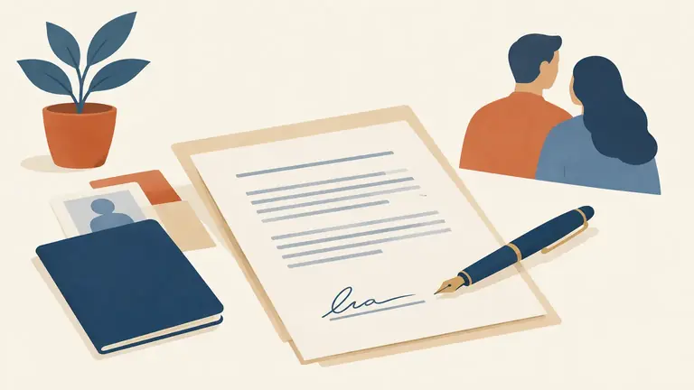 Illustration of a signed declaration with a fountain pen resting on it