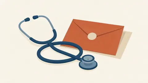 Illustration of a stethoscope coiled beside a sealed medical envelope