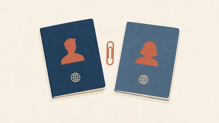 Illustration of two passports side by side with a paperclip between them
