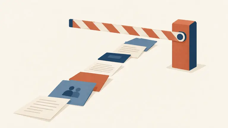 Illustration of a barrier arm across a paper trail of documents