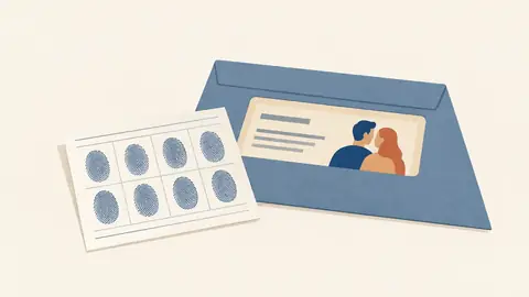 Illustration of a fingerprint card and a certificate in a window envelope