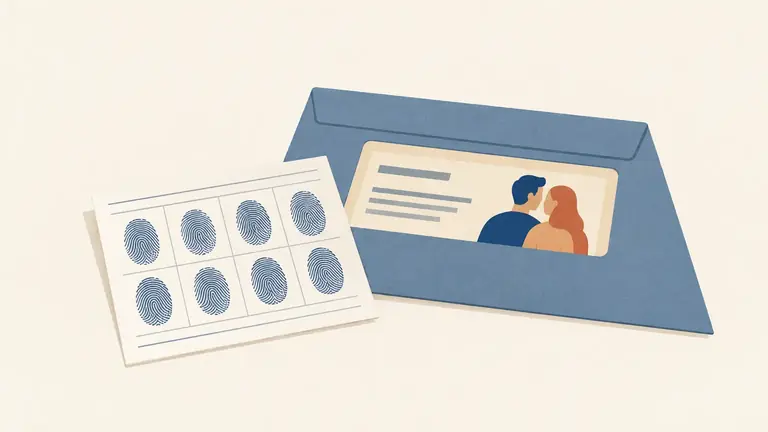 Illustration of a fingerprint card and a certificate in a window envelope