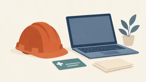 Illustration of a hard hat and a laptop side by side