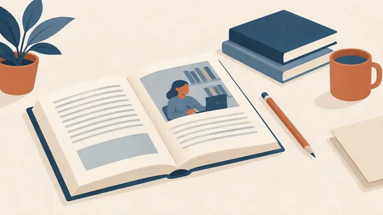 Illustration of a library book and a pencil on a desk