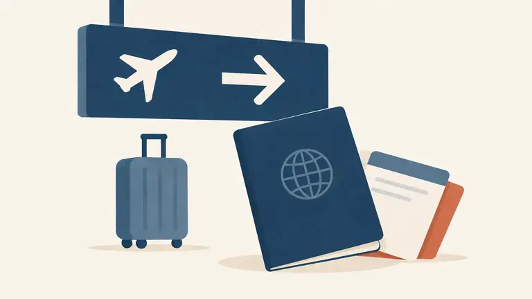Illustration of a departure board arrow and a passport