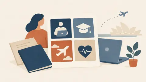 Illustration of a small set of icons on a card: work, study, travel, health, arranged as a grid