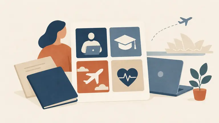 Illustration of a small set of icons on a card: work, study, travel, health, arranged as a grid