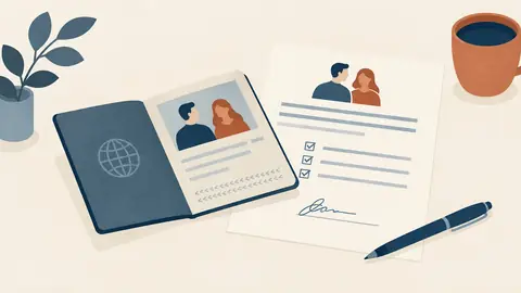 Illustration of a single passport open on a signed form