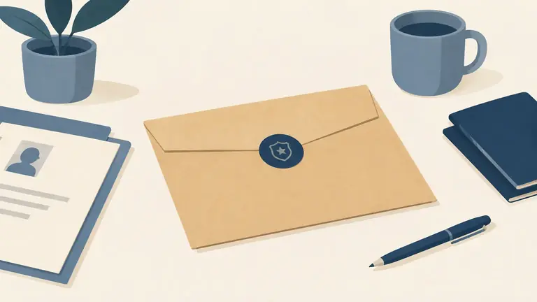 Illustration of a sealed police check envelope on a plain desk