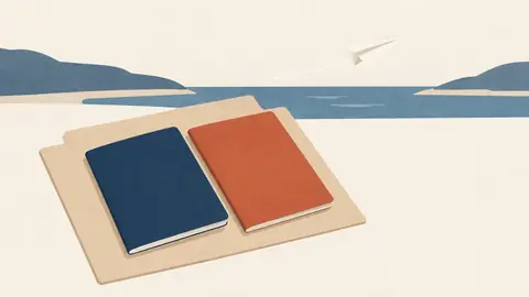 Illustration of two plain unmarked travel booklets, one harbour blue and one clay, lying side by side on a folder, with a small paper aeroplane crossing a short strip of sea between two low coastlines drawn as simple shapes
