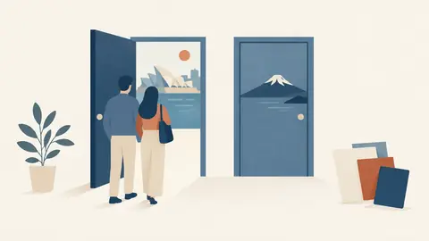 Illustration of two doors side by side, one open