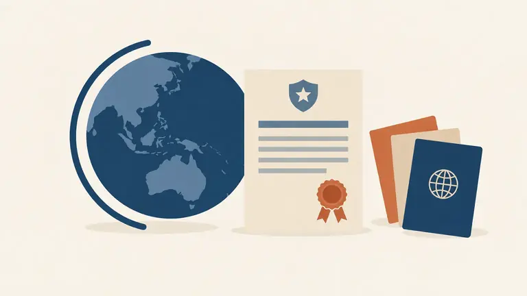 Illustration of a globe abstracted into a circle with two arcs beside a certificate