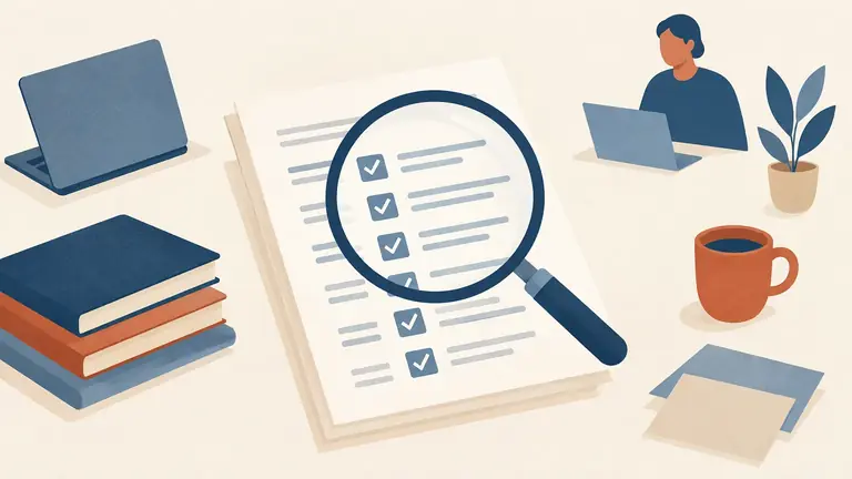 Illustration of a magnifying glass over a page of checked facts