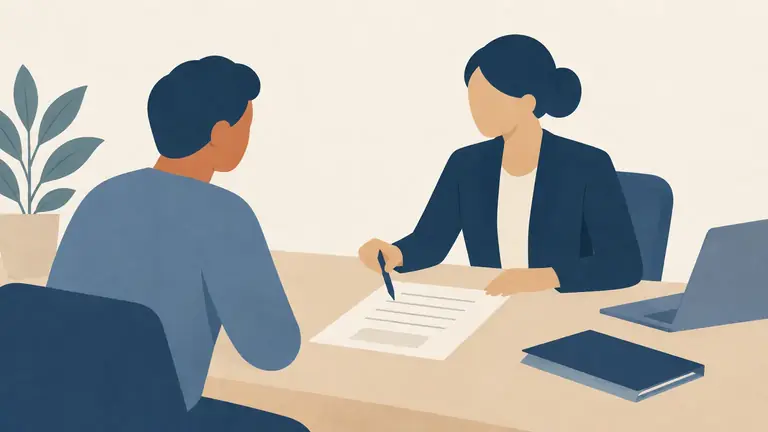 Illustration of two abstract figures either side of a desk with a document between them