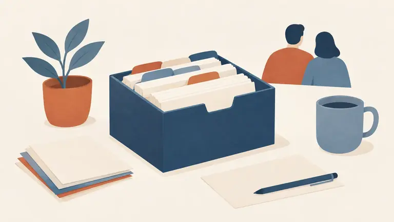 Illustration of an index card box with tabbed dividers